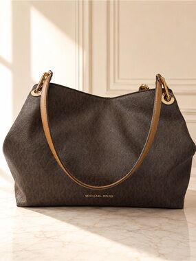 Michael Kors Raven Dark Brown Logo Shoulder Bag with Tan Straps